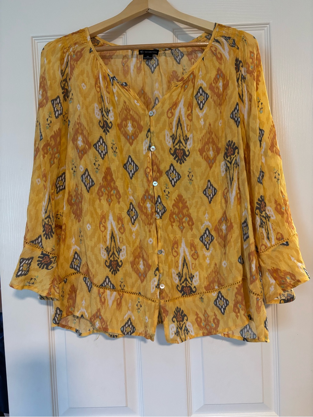 New Directions Yellow Printed Button-Front Blouse